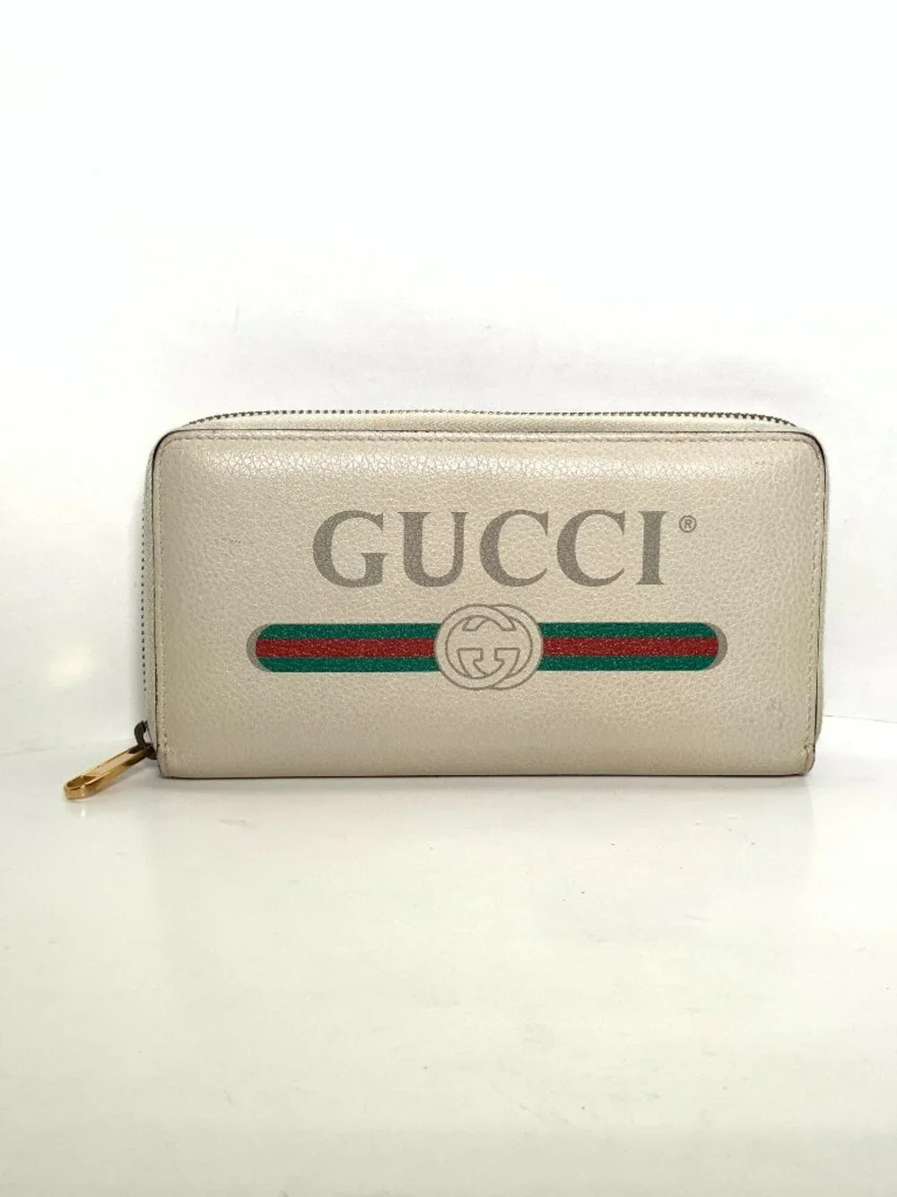 Authentic Gucci GG White Leather Long Wallet Zip Around with Green-Red Stripe